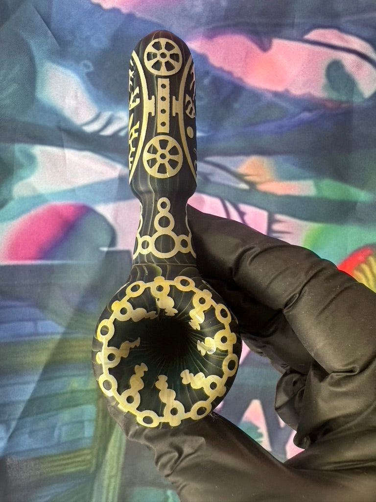 Glass Pipe-Phoenix Star Glass Pipe – Black with Gold Etched Marine Life Design