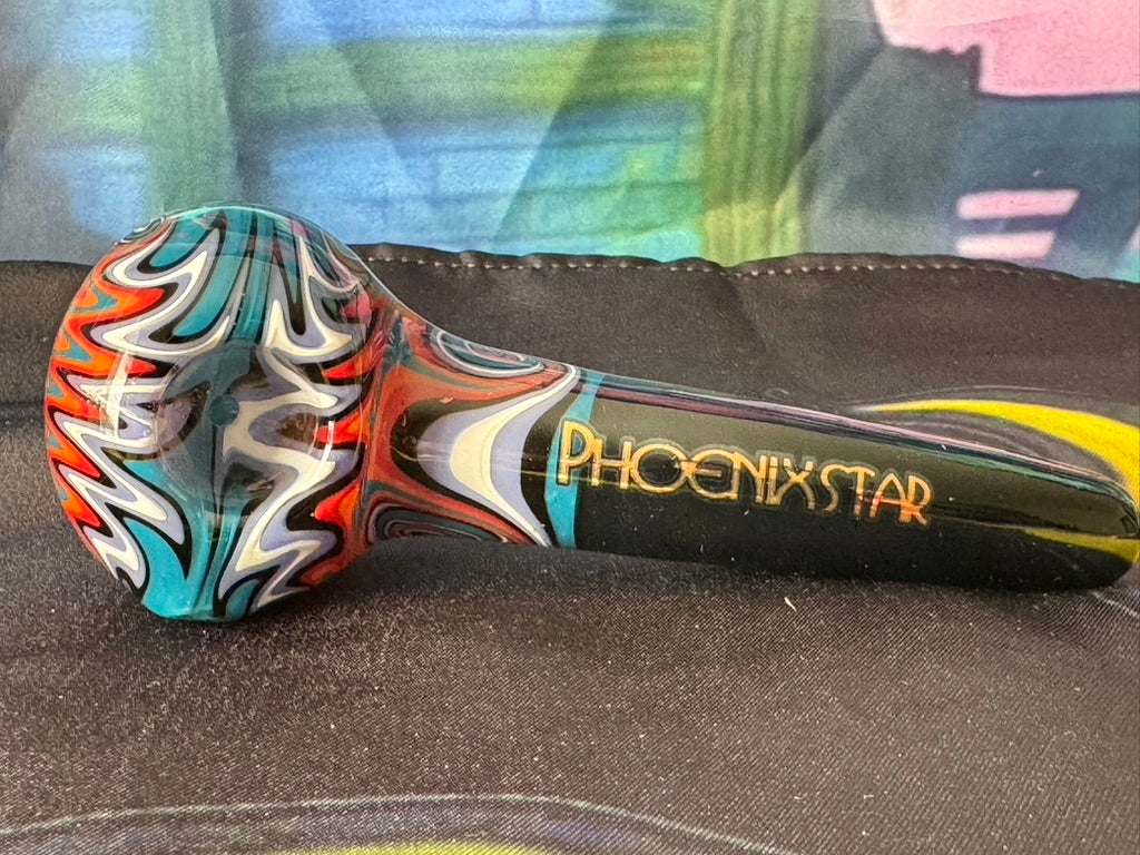 Glass Pipe -Phoenix Star Glass Pipe– Hypnotic Teal & Orange Swirl Design Sherlock