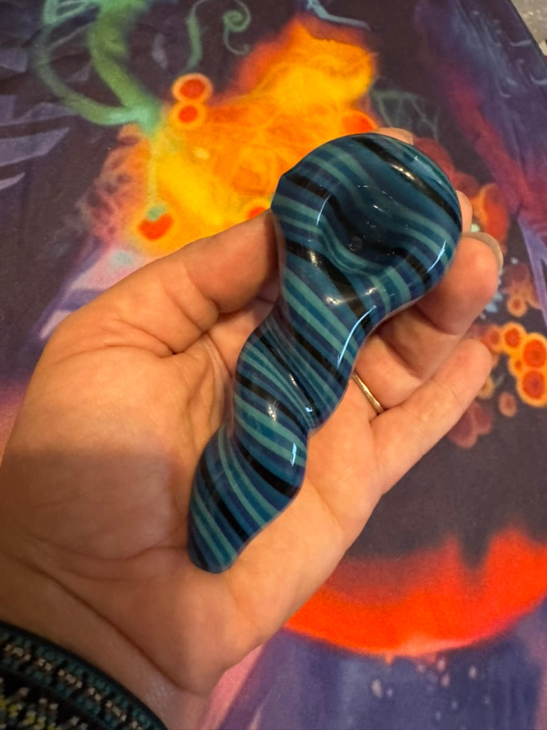 Glass Pipe - Phoenix Star Twisty Spoon Pipe - Teal Black Stripe Design