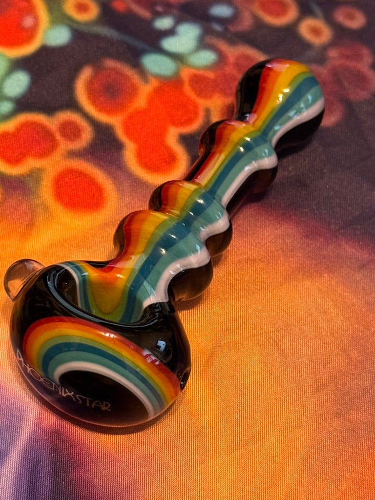 Pipe Glass - Phoenix Star Rainbow Wave Hand Pipe - Black Accent Design