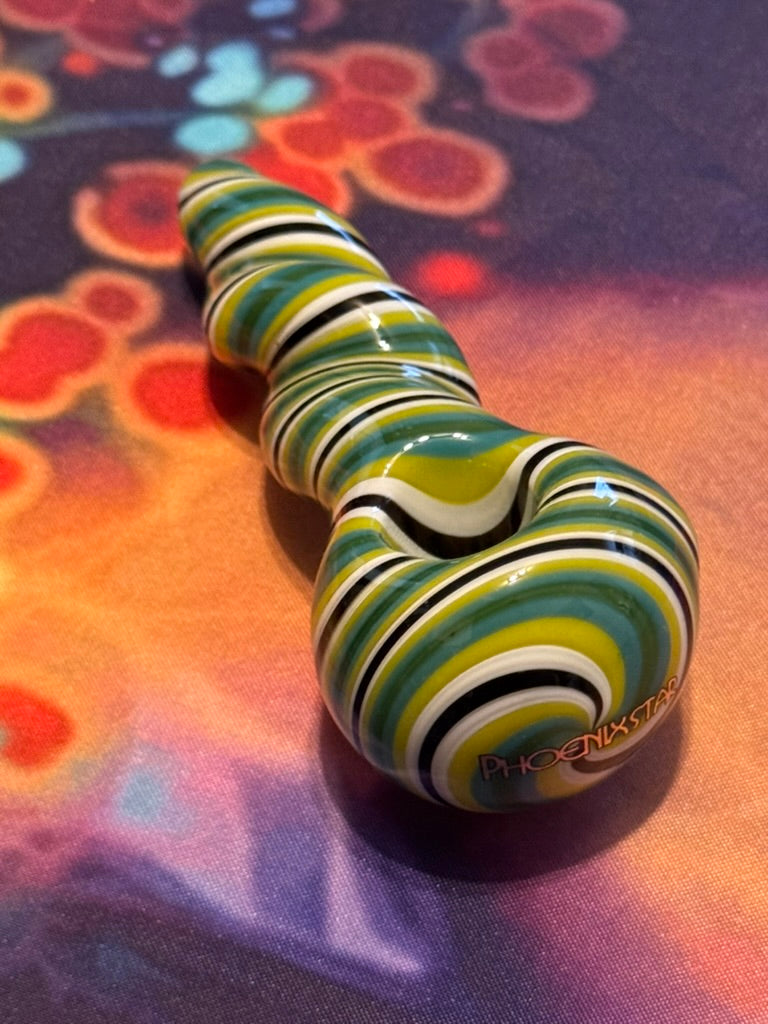 Phoenix Star Twisty Spoon Pipe - Green Black White Stripe Design