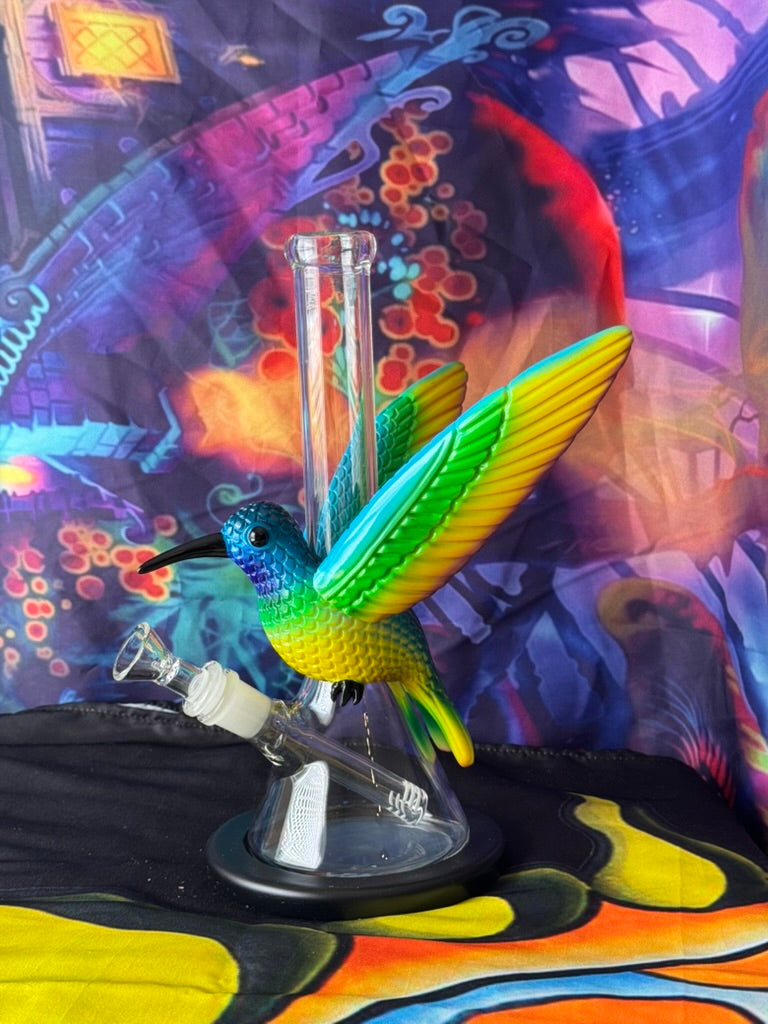 Bong- Vibrant Hummingbird Glass Water Pipe – Colorful Beaker with 3D Bird Design