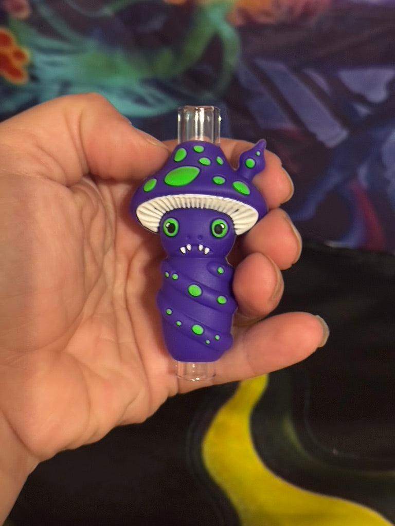 Glass Chillum- 3-Inch Glass Mushroom Chillum – Purple with Green Spots