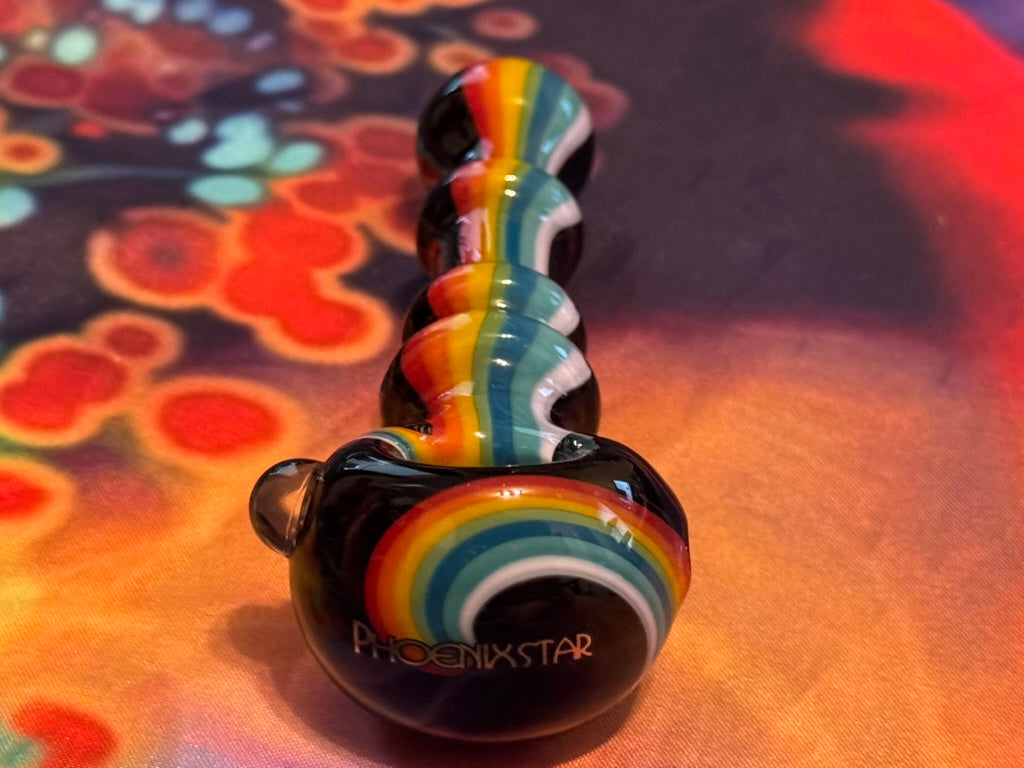 Pipe Glass - Phoenix Star Rainbow Wave Hand Pipe - Black Accent Design