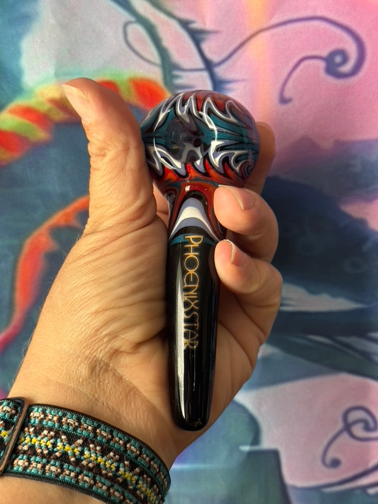 Glass Pipe -Phoenix Star Glass Pipe– Hypnotic Teal & Orange Swirl Design Sherlock