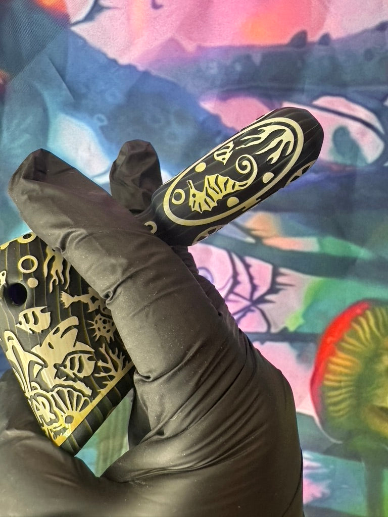 Glass Pipe-Phoenix Star Glass Pipe – Black with Gold Etched Marine Life Design
