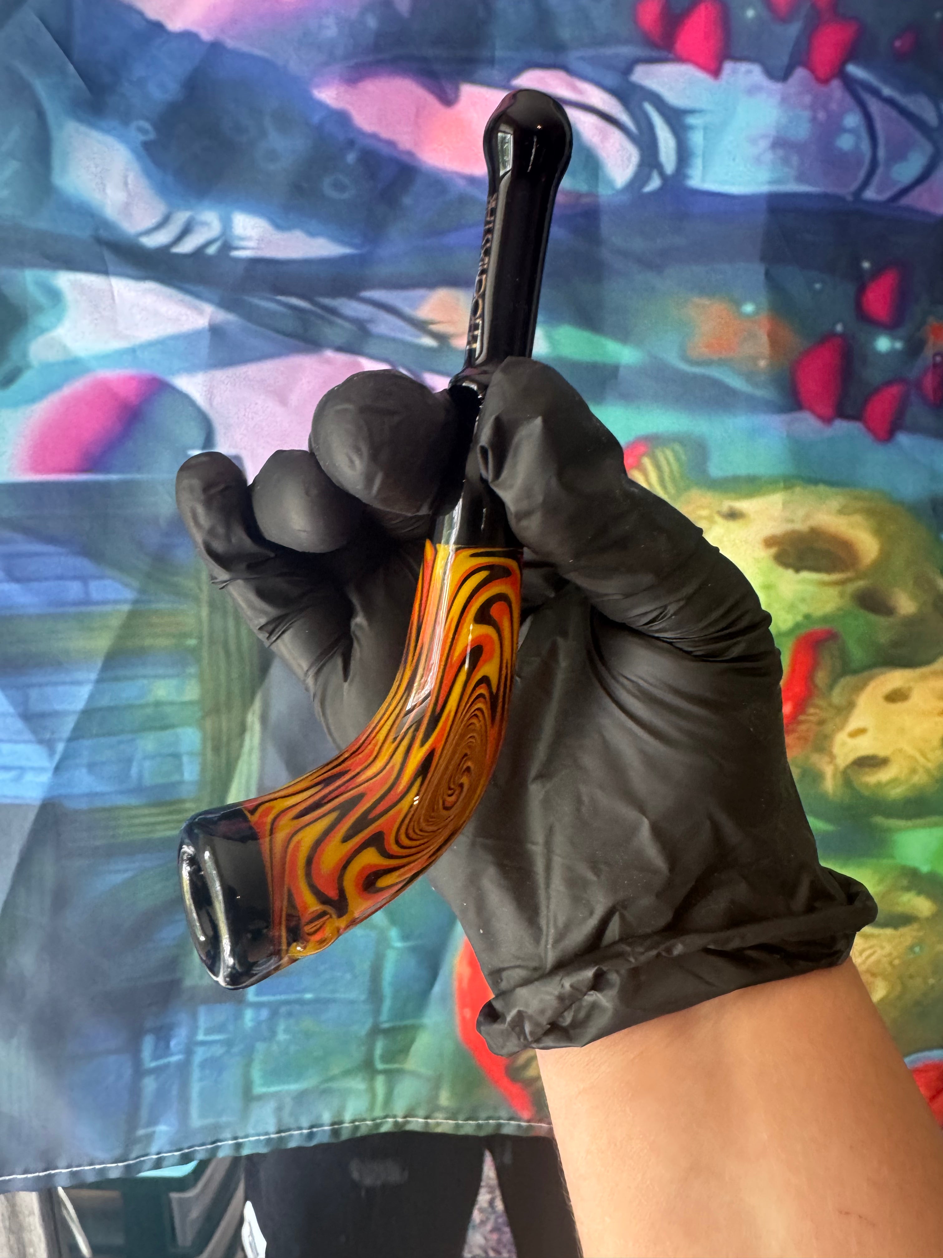 Glass Pipe- Phoenix Star-Sherlock Pipe- Glass Sherlock Pipe – Black & Orange Swirl